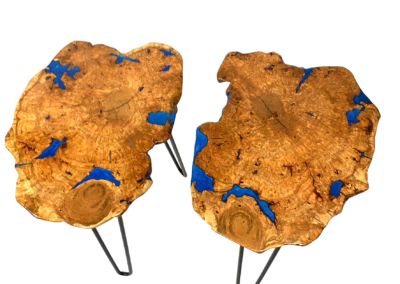 Pair of cherry burl and epoxy tables